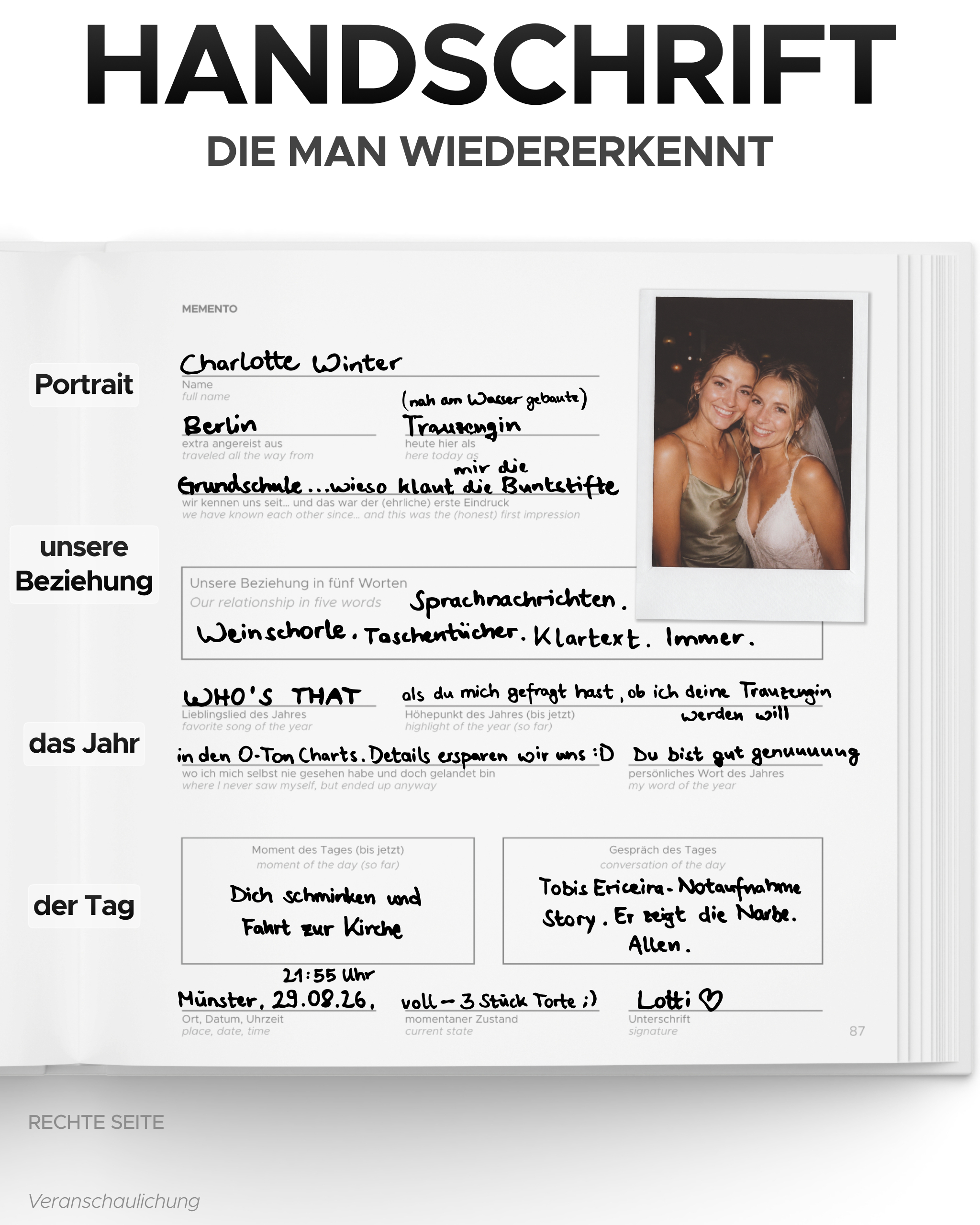 MEMENTO Gästebuch – Grafik "Handschrift, die man wiedererkennt" mit einer ausgefüllten Eintragsseite und Polaroid