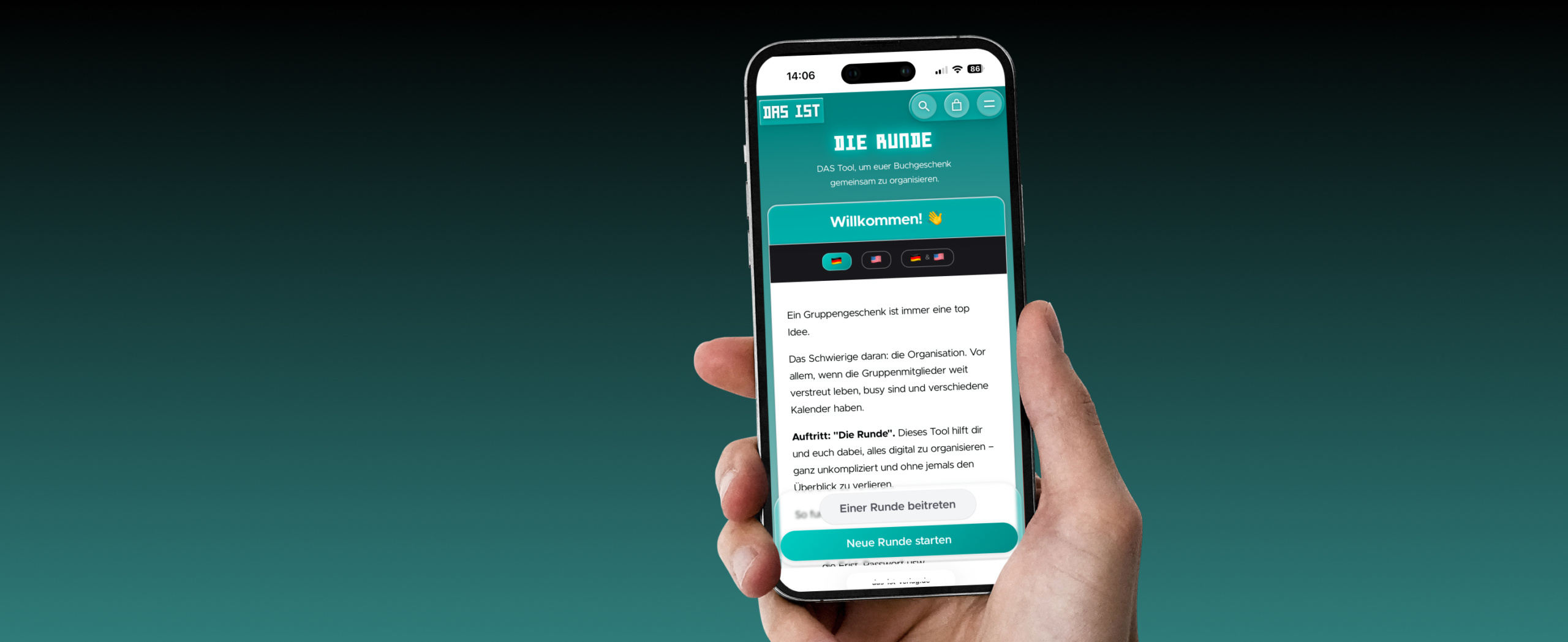 Die Runde auf dem Handy – Willkommen-Seite mit "Einer Runde beitreten" und "Neue Runde starten"